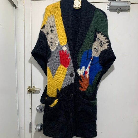 VINTAGE GRAPHIC KNIT BELTED WOOL SWEATER CARDIGANS SIZE XL - Picture 4 of 16